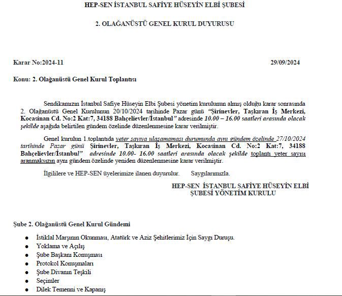 İSTANBUL SAFİYE HÜSEYİN ELBİ ŞUBESİ 2. OLAĞANÜSTÜ GENEL KURUL DUYURUSU